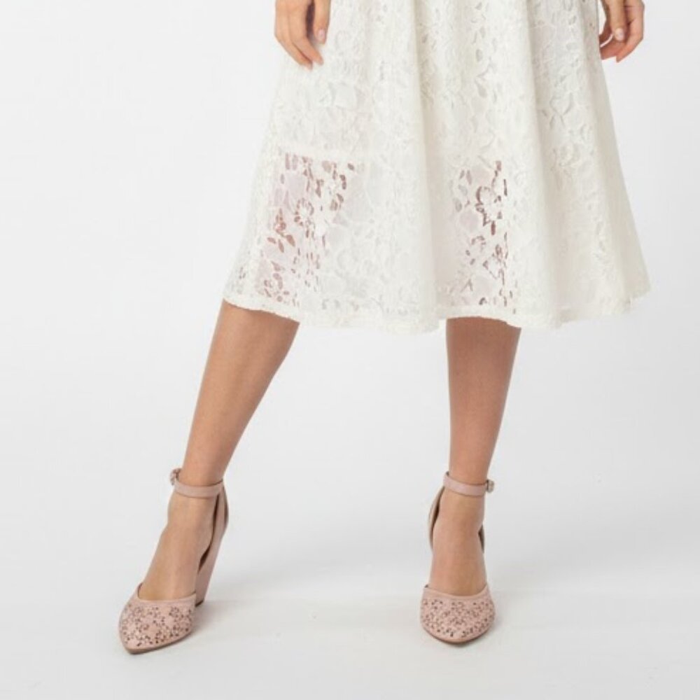 Marc Fisher Barbra Blush Pink Laser Cut Floral Wedge Pumps Ankle Strap Size 7M